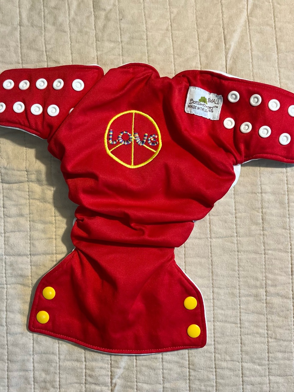 Bottom Bumpers Adjustable Red Cloth Diaper Cover with Peace & Love Embroidery